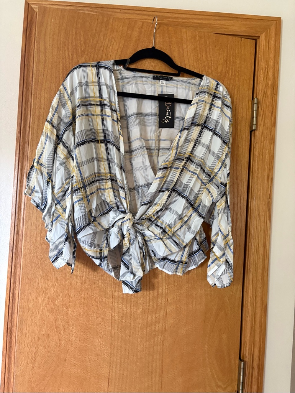 Final Touch White Plaid Tie-Front Top with Yellow & Navy Stripes